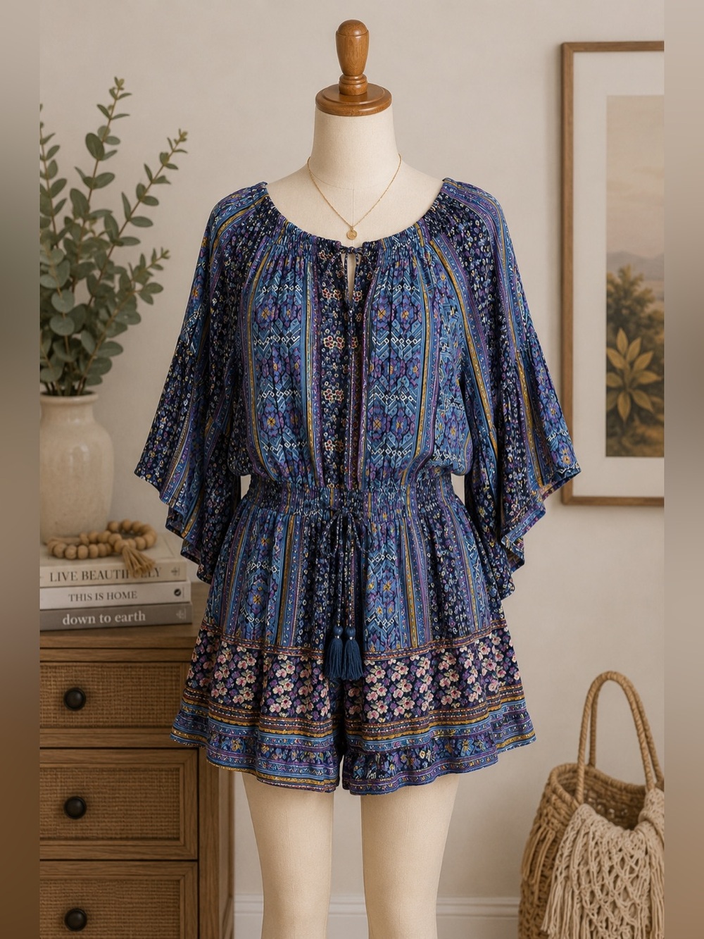 RAGA Blue Purple Boho Romper Floral Paisley Print runs smaller than large
